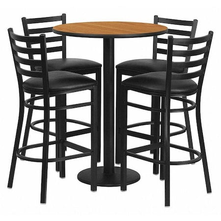 Round Natural Bar Table, X-Base w/Black Seats, Laminate Top, Wood Grain