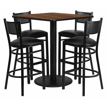Square Walnut Table, Square w/Black Seats, 36", 36" W, 36" L, 42" H, Laminate Top, Wood Grain