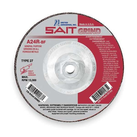 Depressed Center Grinding Wheel, Type 27, 9 in Dia, 0.25 in Thick, 5/8"-11 Arbor Hole Size, 24 Grit
