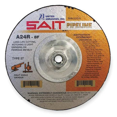 Cut-Off & Grinding Wheel, Type 27, 4 1/2 in Dia, 0.125 in Thick, 5/8"-11 Arbor Hole Size, 24 Grit