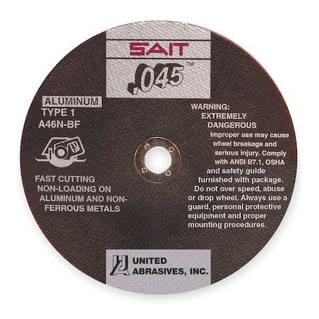 Abrasive Cut-Off Wheel, Type 1, 4 1/2 in Dia, 0.045 in Thick, 7/8 in Arbor Hole Size, 46 Grit