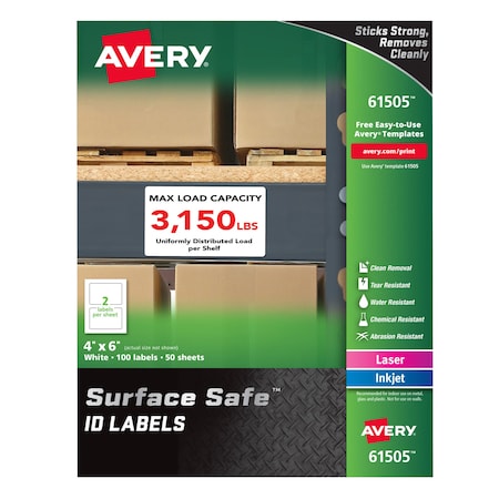 Multiple Purpose Labels, 6 in Label W, 4 in Label H, 50 Labels per Sheet White