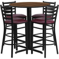 Round Walnut Bar Table, X-Base w/Burg Seats, 30", Laminate Top, Wood Grain