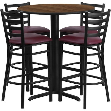 Round Walnut Bar Table, X-Base w/Burg Seats, 30", Laminate Top, Wood Grain