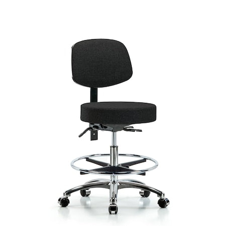 Fab Stool with Back Chr-Medium Bench Height with Seat Tilt, Chr Foot Ring, and Casters in Black Fab