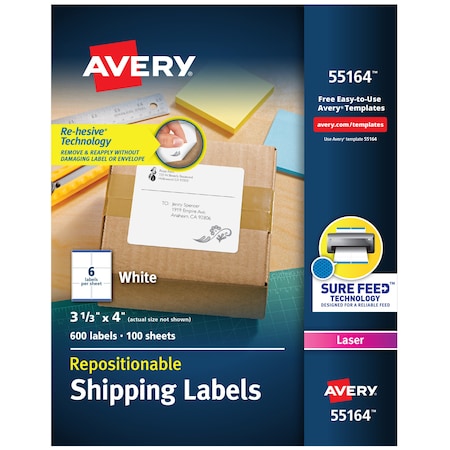 Laser Mailing Label, 4 in Label W, 3 1/3 in Label H, 6 Labels per Sheet White