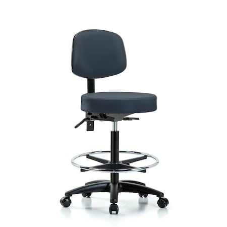 Vin Stool with Back-High Bench Ht with Chrome Foot RingandCasters in Imperial Blue Trailblazer Vin