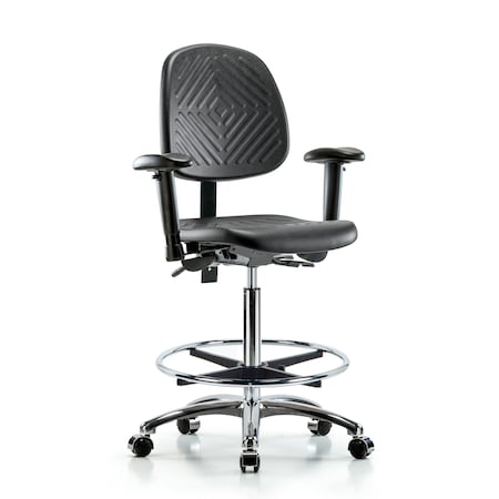 High Bench Chair Ben Chair, Poly, Hi, Med Bk, Chrm, AA CF Cast, Adjustable Arms, Blue, Black