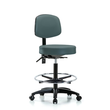 Vin Stool with Back-High Bench Ht with Chrome Foot RingandCasters in Colonial Blue Trailblazer Vin