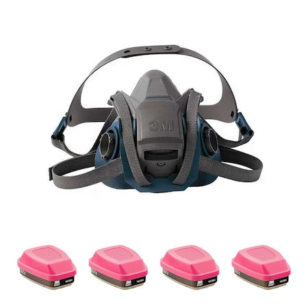 Half Mask Respirator Kit, 4 Cartridges Included, Rugged Comfort Quick Latch, (OV);P100, Size M