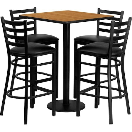 Square Natural Bar Table, Square w/Blk Seats, 30", Laminate Top, Wood Grain