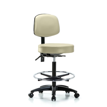 Vin Stool with Back-High Bench Height with Chrome Foot RingandCasters in Adobe White Trailblazer Vin