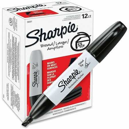 Permanent Marker, Black, Chisel Tip, Capped, 12 PK
