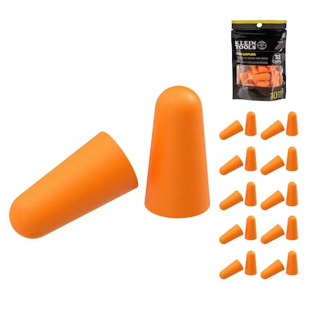 Disposable Polyurethane Foam Foam Earplugs, 10-Pair, Cylinder Shape, 33 dB, Orange, 10 PK