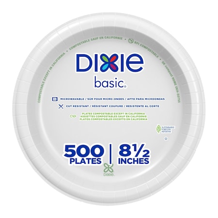 Disposable Paper Plate, 8 1/2 in, White, PK500