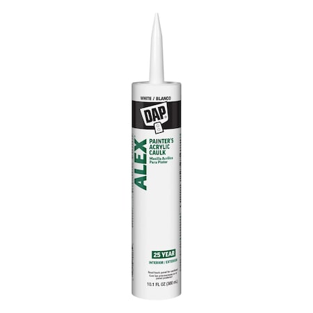 Acrylic Latex Caulk, 10 oz, Cartridge, White, Acrylic Latex Base, ALEX