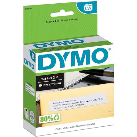 Printer Label, 3/4 in Label W, 2 in Label H, 500 Labels per Roll, Black on White
