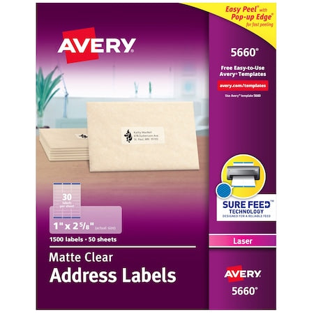 Laser Label, 2 5/8 in Label W, 1 in Label H, 30 Labels per Sheet Clear