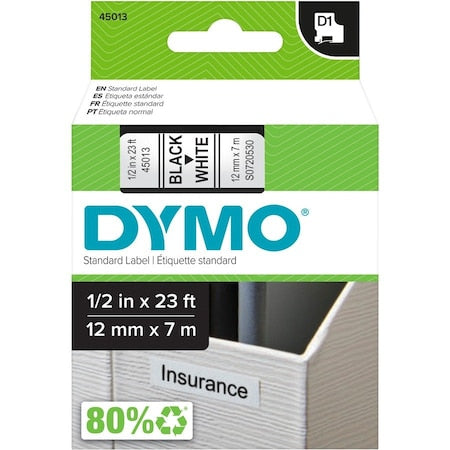 Adhesive Label Tape Cartridge 1/2" x 23 ft., Black/White