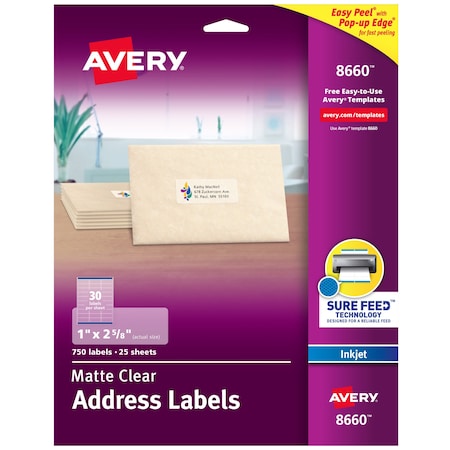 Inkjet Label, 2 5/8 in Label W, 1 in Label H, 30 Labels per Sheet Clear