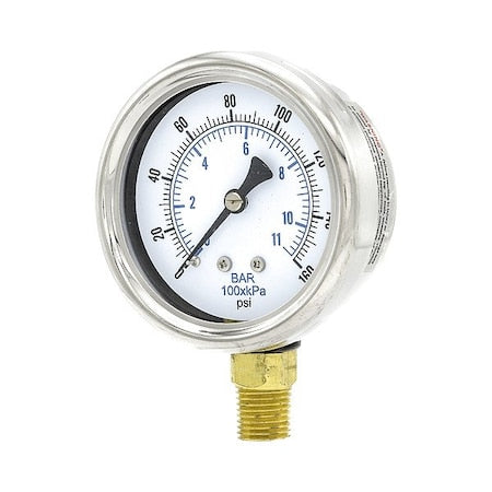 Pressure Gauge, 1/4 in NPT, Bottom Location