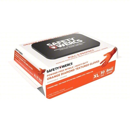 Disposable Gloves, 8 mil Palm, Nitrile, Powder-Free, 30 PK, Orange, XL