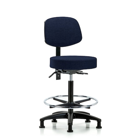 Fab Stool with Back-High Bench Height with Seat Tilt, Chr Foot Ring, and Stationary Glides in Navy Fab