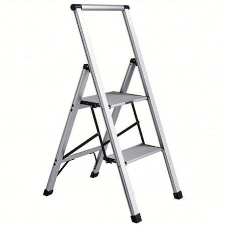 Light Step Stool, 2 Steps, 250 lb Load Capacity, 33 in Overall Height, Aluminum, Aluminum