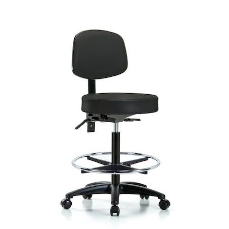 Rutledge Vin Stool with Back-High Bench Height with Chr Foot RingandCasters in Black Trailblazer Vin
