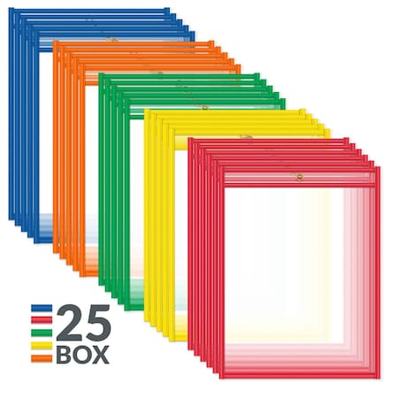 9"x 12" Assorted Primary Colors Vinyl Reusable Dry Erase Pockets, 25/PK