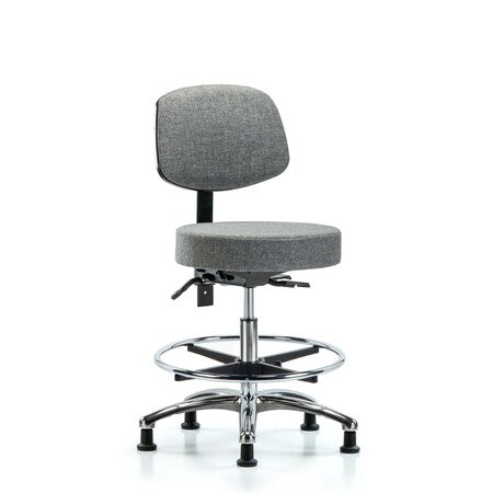 Fab Stool with Back Chrome-Medium Bench Height with Chrome Foot RingandStationary Glides in Gray Fab