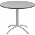 CafeWorks Cafe/Breakroom Table, Gray Laminated Melamine Top, Silver Steel Frame, 36 in Dia x 30 in H