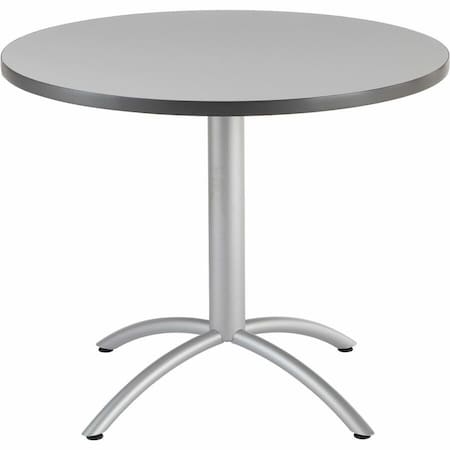 CafeWorks Cafe/Breakroom Table, Gray Laminated Melamine Top, Silver Steel Frame, 36 in Dia x 30 in H