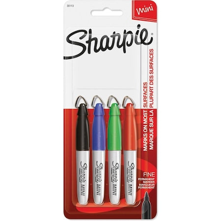 Mini Permanent Marker Set, Black, Blue, Green, Red, Fine Tip, Capped, 4 PK