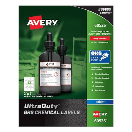 Inkjet Label, 2 in Label W, 2 in Label H, 12 Labels per Sheet White