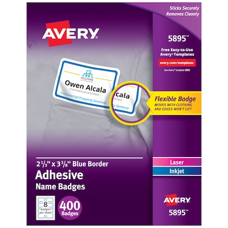 Avery White Adhesive Name Badges with Blue Border 5895, 2-1/3" x 3-3/8", Box of 400, PK50