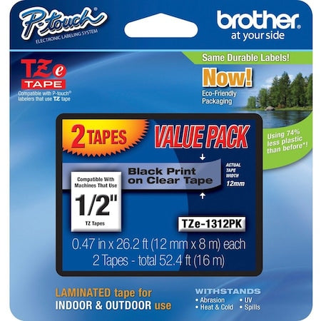 Black On Clr Label Tape, 0.47"X26.2ft, PK2