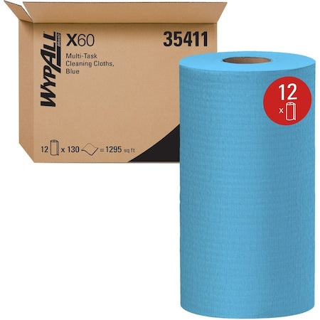 WypAll General Clean X60 Multi-Task Cleaning Cloths (35411), Small Roll, Blue, 130 Sheets/Roll, PK12