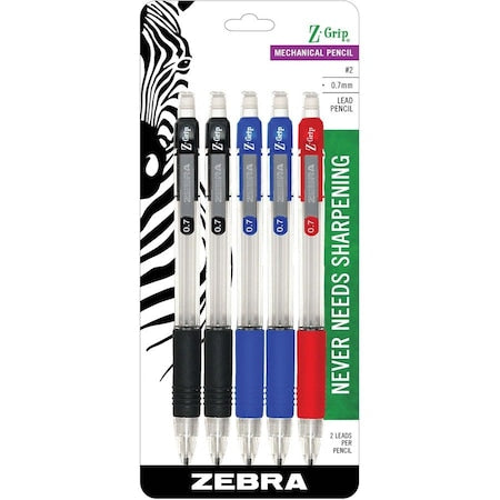 Zebra Pen Z-Grip Mechanical Pencil - 0.7 mm Lead Diameter - Refillable - Clear, Assorted Barrel - 5-/ Set