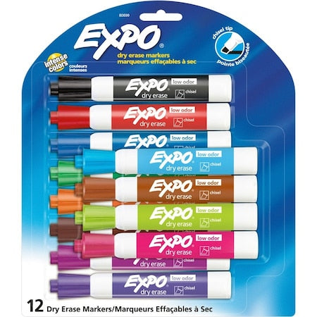 Dry Erase Marker Set, Chisel Tip, Assorted Colors PK12 Low Odor
