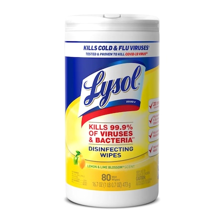 Disinfecting Wipes, 1-Ply, 7 x 7.25, Lemon and Lime Blossom, White, 80 Wipes/Canister, PK6