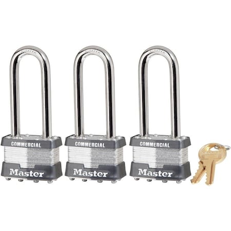 Padlocks, Keyed Alike, Long Shackle, Rectangular Steel Body, Steel Shackle, 3/4 in W, 3 PK