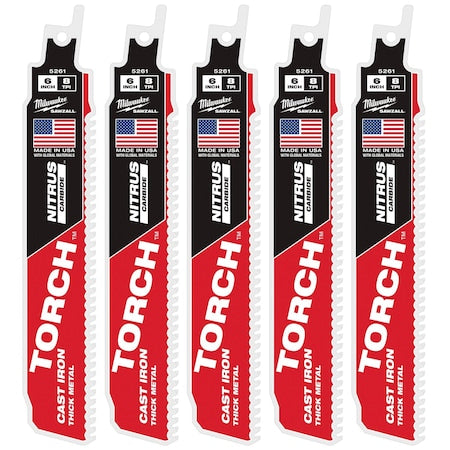 6 in. 8 TPI SAWZALL THE TORCH w/ NITRUS CARBIDE Reciprocating Saw Blade, Cast Iron & Metal, 5 PK