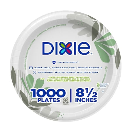 Disposable Paper Plates, Medium-Weight, Round, 8-1/2 in, White/Brown/Green, 1000 PK
