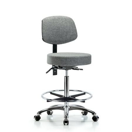 Fab Stool with Back Chrome-High Bench Height with Seat Tilt, Chrome Foot Ring, andCasters in Gray Fab