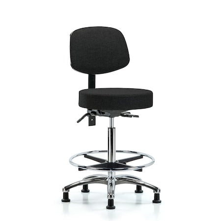 Fab Stool with Back Chr-High Bench Height with Seat Tilt, Chr Foot Ring, andStat Glides in Black Fab