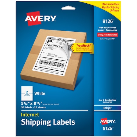 Inkjet Label, 8 1/2 in Label W, 5 1/2 in Label H, 2 Labels per Sheet White