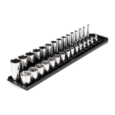 3/8 Inch Drive 6-Point Socket Set with Rails and Tray, 30-Piece 1/4-1 in.