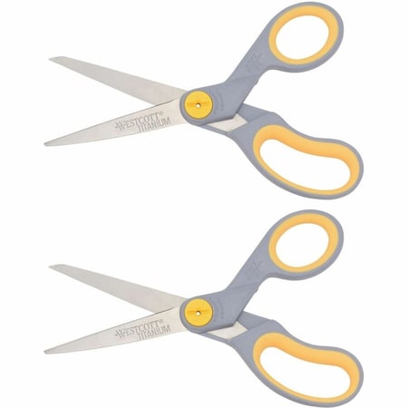 Titanium Bonded Scissors, 8" Long, 3.5" Cut Length, Straight Gray/Yellow Handle, PK2