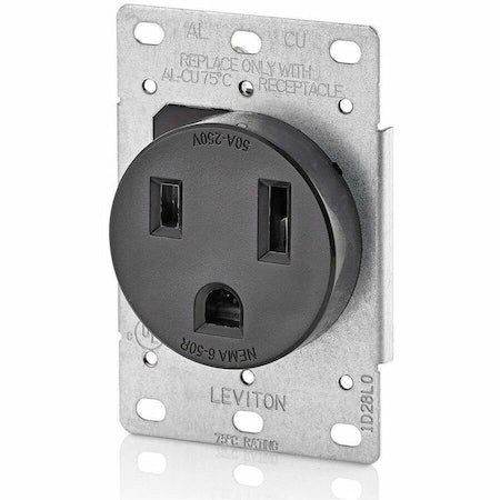 Straight Blade Receptacle, 6-50R, 50 A, 250V AC, 2 Pole, 3 Wire, Flush Mount, Grounded